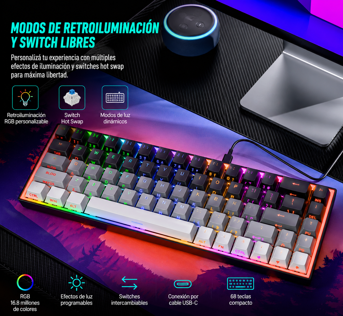 Teclado Mecánico Gamer 68 Teclas RGB Intercambiable en Caliente
